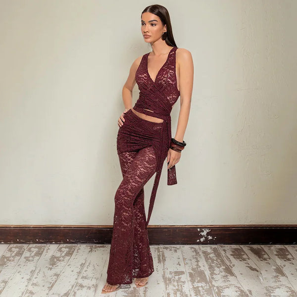 Set coordinato canottiera intrecciata scavata e pantaloni a gamba larga in pizzo da donna