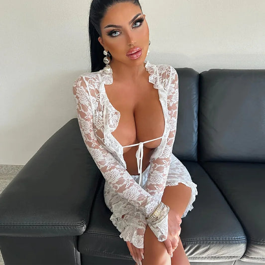 Mini abito sexy trasparente in pizzo scavato a maniche lunghe da donna - Abbigliamento Abiti ATREND
