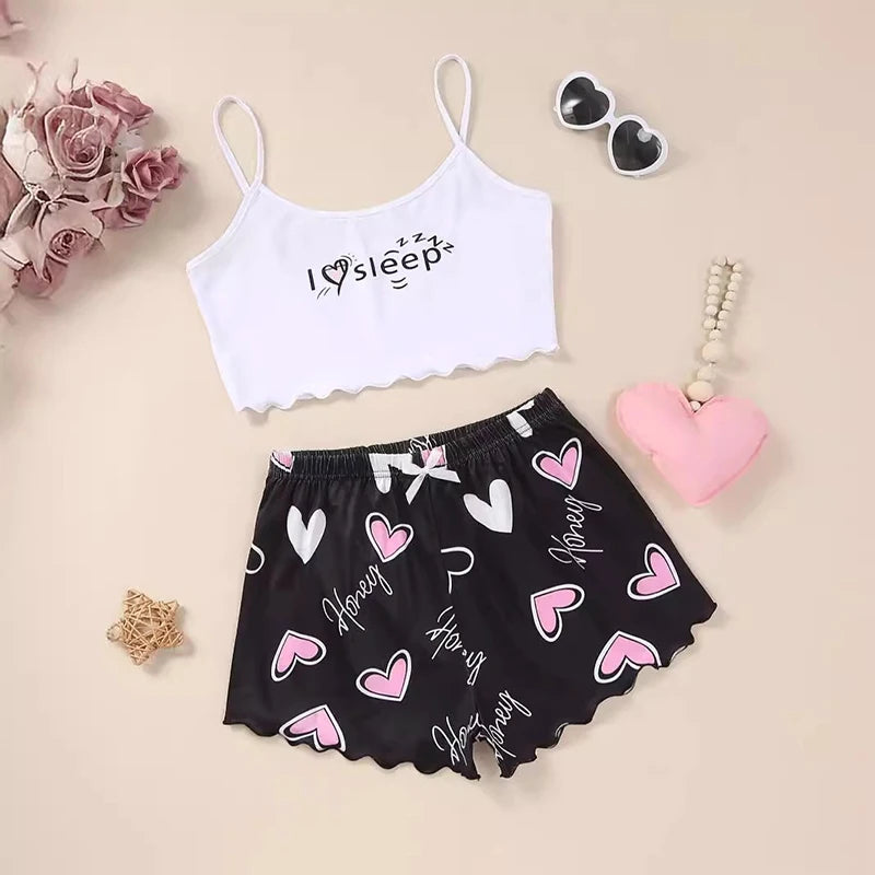 Pigiama casual top corto e pantaloncini con stampa grafica da donna - Pigiama donna ATREND