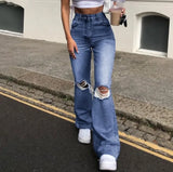 Women's Spring and Autumn New Fashion Casual Ripped High Waist Slightly Flared Jeans Slim Fit Washed Jeans Long Pants Y2k