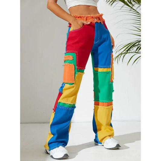 Women's Denim Pants Patchwork Distressed Color Fringe High Waist Zipper Jeans 2023 Autumn Winter Y2K Streetwear Sexy Club Outfit