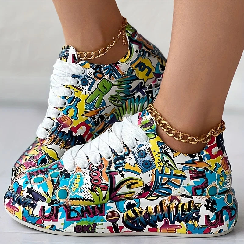 Women's Casual Lace-Up Graphic Print Sneakers