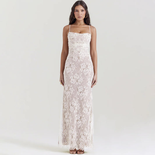 Abito lungo elegante in pizzo con copri spalle da donna - Abbigliamento Abiti ATREND
