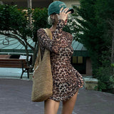 Mini abito casual a maniche lunghe leopardato da donna - Abbigliamento Abiti ATREND