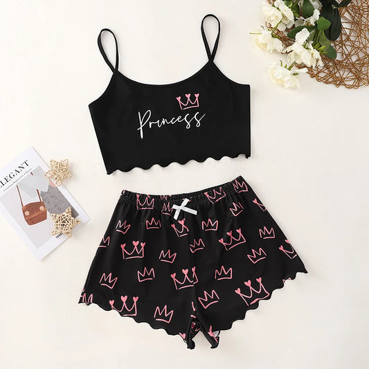 Pigiama casual top corto e pantaloncini con stampa a lettere e corone da donna