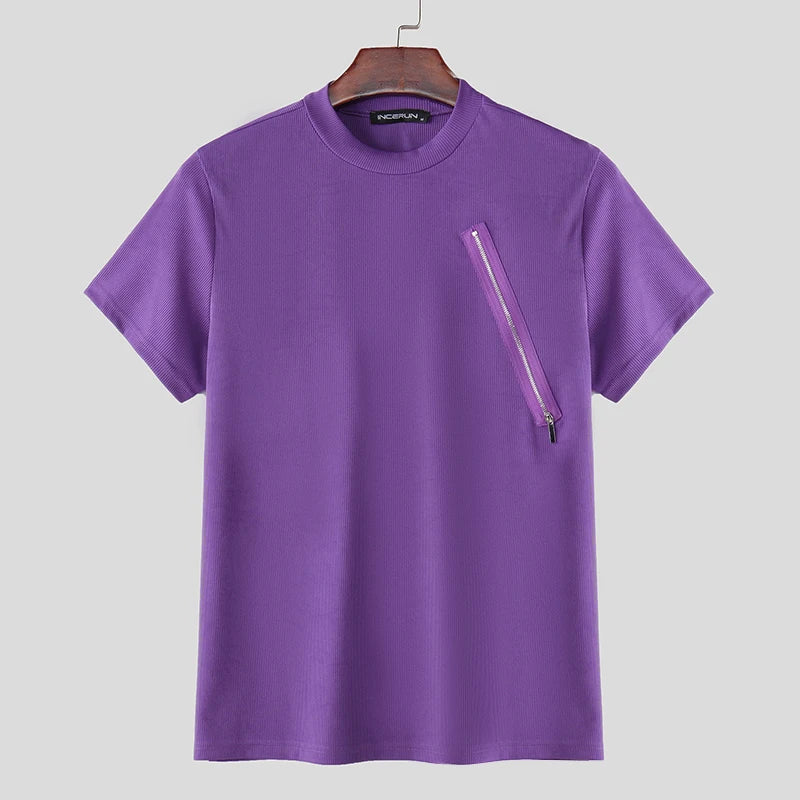 T-shirt casual con cerniera laterale a mezze maniche da uomo - T-shirt uomo ATREND