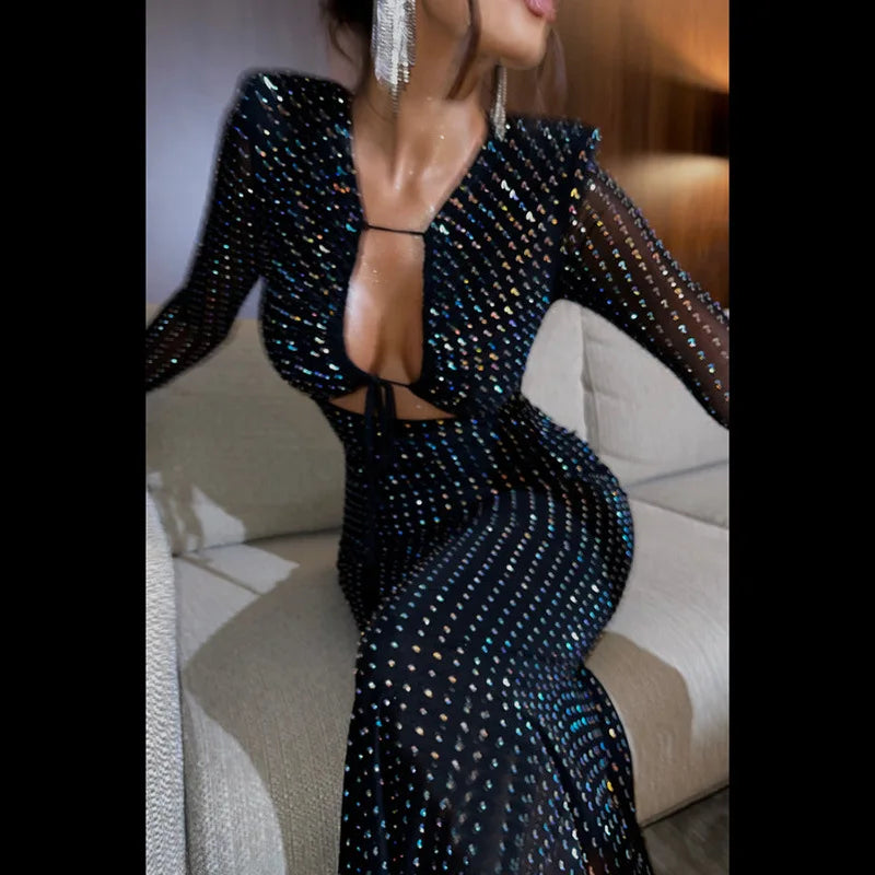 Abito lungo scavato con brillantini a maniche lunghe da donna - Abbigliamento Abiti ATREND