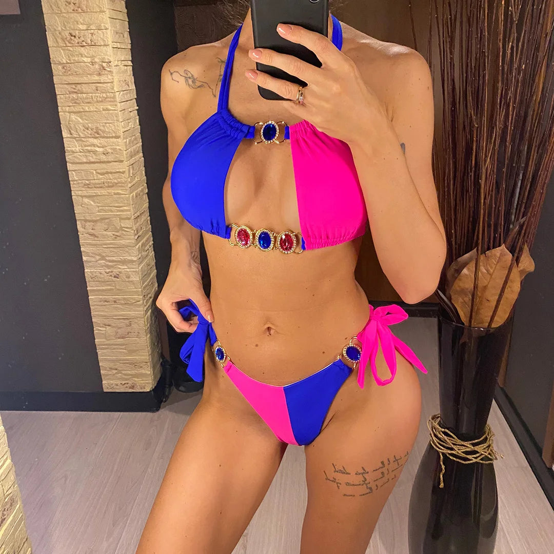 Bikini casual bicolor reggiseno con pietre e mutande con lacci da donna - Costume donna ATREND