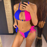 Bikini casual bicolor reggiseno con pietre e mutande con lacci da donna - Costume donna ATREND