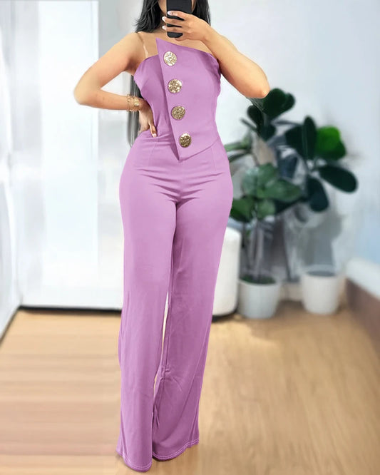 Jumpsuit casual a fascia asimmetrica senza spalline con bottoni in metallo da donna