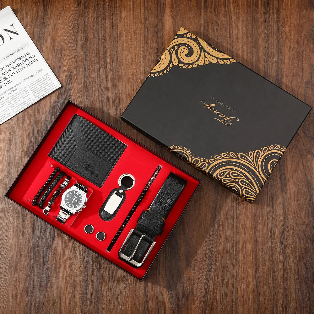 Set idea regalo con portafoglio braccialetti orologio portachiavi e cintura da uomo - Idea regalo uomo ATREND