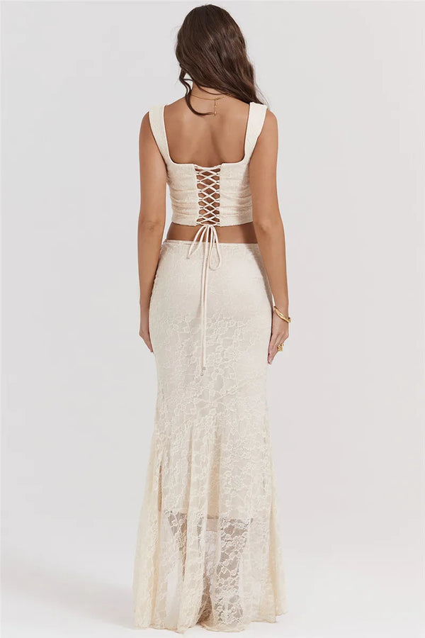 Set coordinato top e gonna lunga in pizzo da donna
