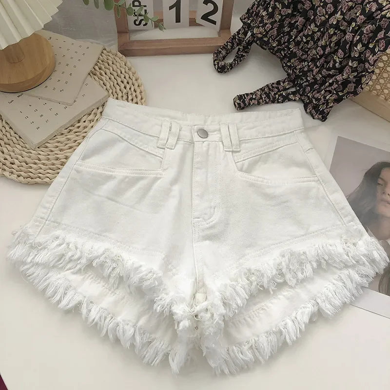 Pantaloncini di jeans a vita alta con frange da donna - Pantaloncini di jeans donna ATREND