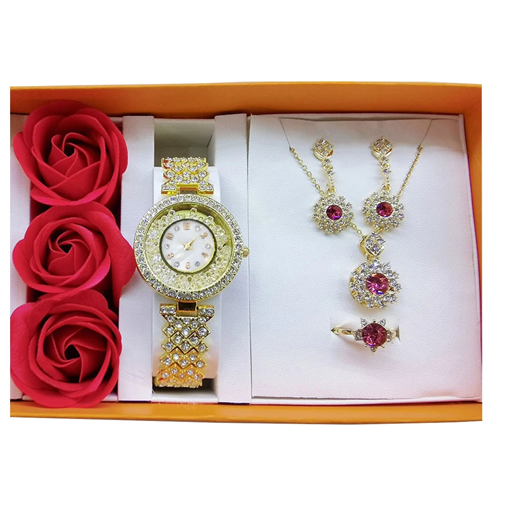 Set idea regalo orologio collana orecchini e anello con pietra rossa da donna - Idea regalo donna ATREND