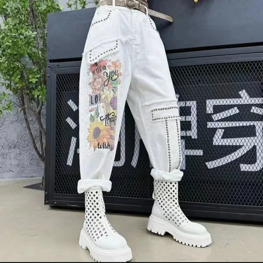 White Baggy Jeans Women Rhinestone Print Jeans Mujer 2025 Spring New Loose Casual Short Pants Ankle-Length Harem Pants Women