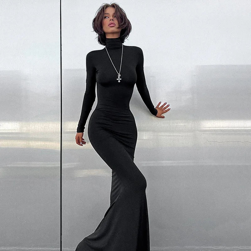 Abito lungo casual con scollo alto e maniche lunghe da donna - Abbigliamento Abiti ATREND