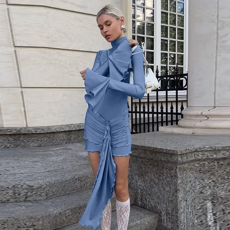 Mini abito casual con maniche a sbuffo e coda laterale con spacco da donna - Abbigliamento Abiti ATREND