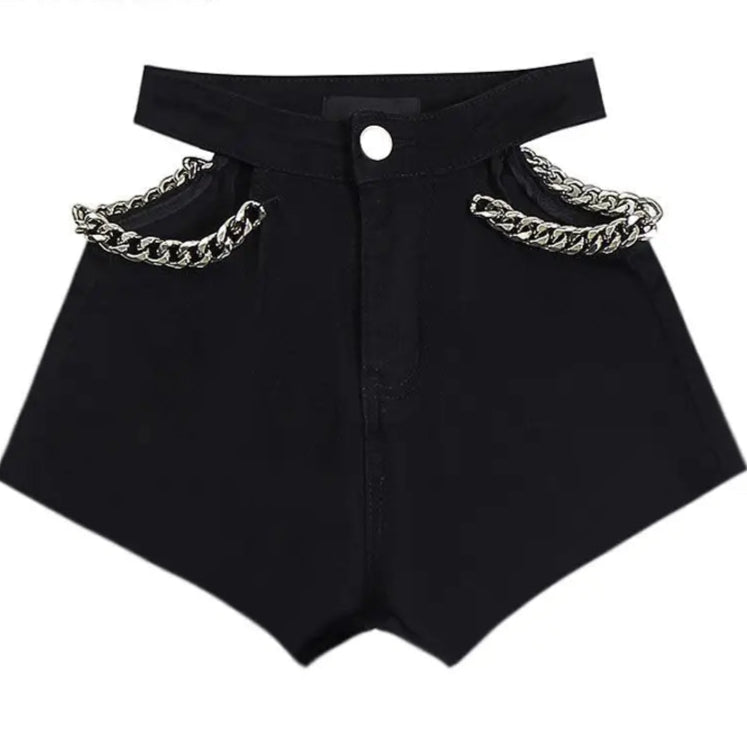Pantaloncini di jeans scavati con catena da donna - Pantaloncini di jeans donna ATREND