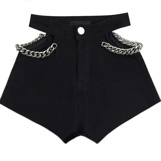 Pantaloncini di jeans scavati con catena da donna - Pantaloncini di jeans donna ATREND