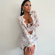 Mini abito sexy trasparente in pizzo scavato a maniche lunghe da donna - Abbigliamento Abiti ATREND