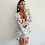 Mini abito sexy trasparente in pizzo scavato a maniche lunghe da donna - Abbigliamento Abiti ATREND
