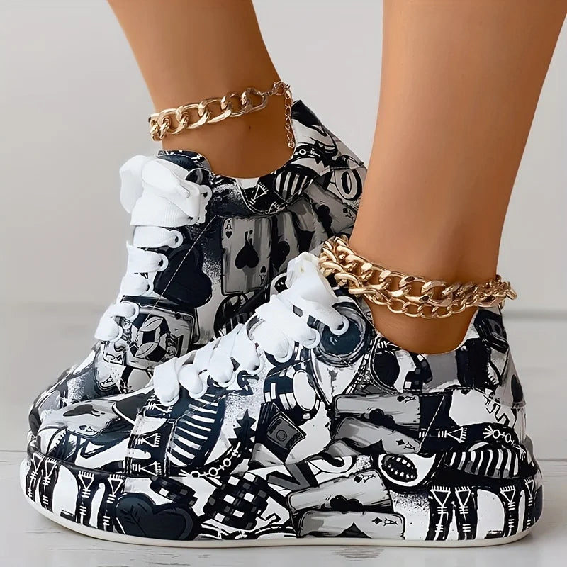 Women's Casual Lace-Up Graphic Print Sneakers