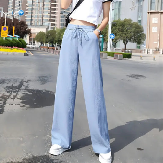 Pantaloni casual a gamba larga con fascia elastica in seta da donna - Pantaloni donna ATREND