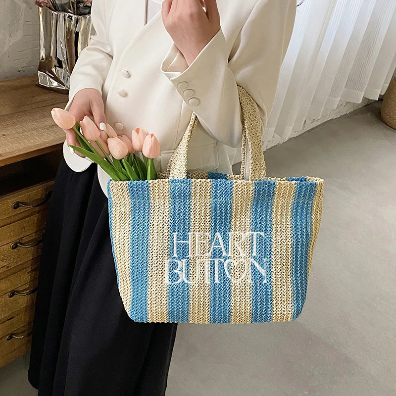 Borsa a mano casual in cotone a righe con stampa a lettere da donna - Borsa a mano ATREND