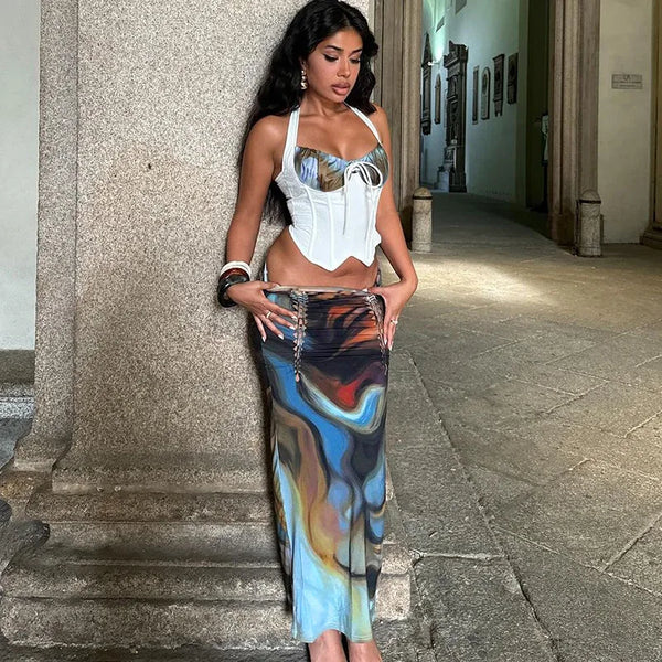 Set coordinato top corto stringato e gonna lunga con stampa grafica da donna