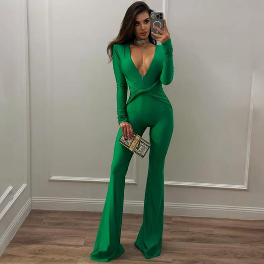 Jumpsuit casual con scollo profondo a V e gamba larga da donna - Abbigliamento Abiti ATREND