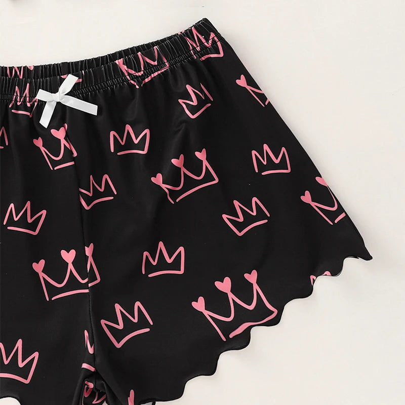 Women's Letter Crown Print Short Top and Shorts Casual Pajamas