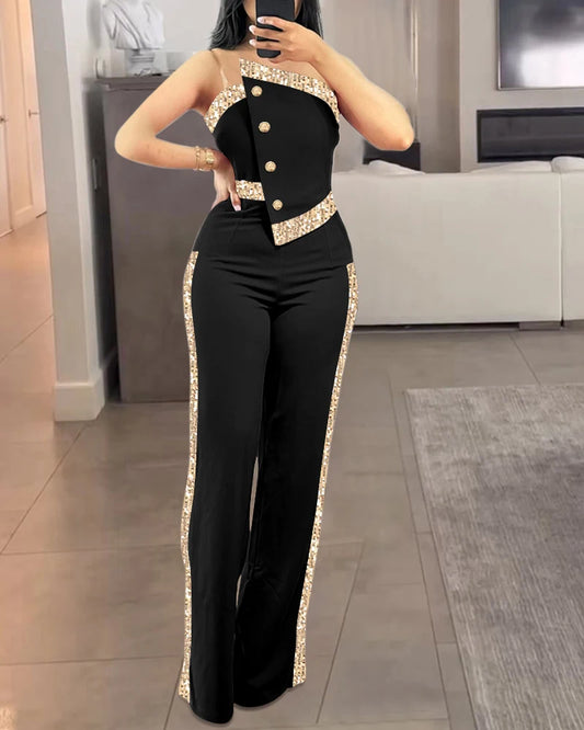 Jumpsuit casual senza spalline a fascia con paillettes a contrasto da donna