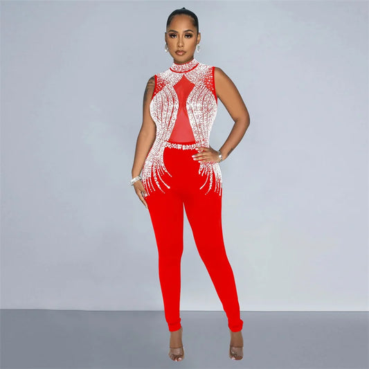 Jumpsuit patchwork trasparente senza maniche con strass da donna