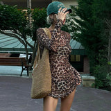 Mini abito casual a maniche lunghe leopardato da donna - Abbigliamento Abiti ATREND