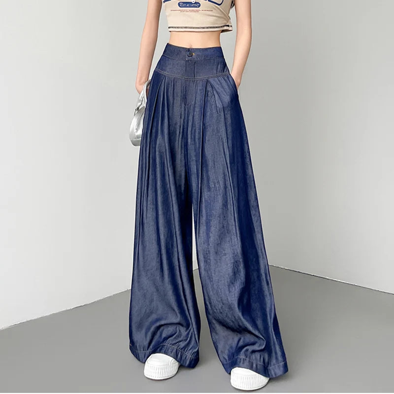 Women's Summer Soft Loose Jeans Slim High Waist Korean Style Fall Silk Wide Leg Pants Fashion Oversized Female Ladies Clothes