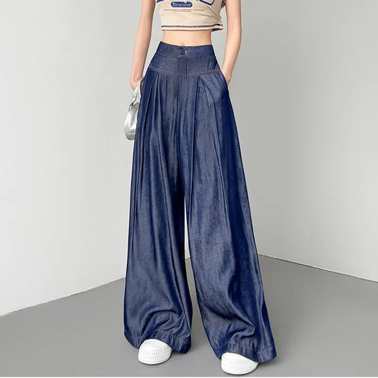 Women's Summer Soft Loose Jeans Slim High Waist Korean Style Fall Silk Wide Leg Pants Fashion Oversized Female Ladies Clothes