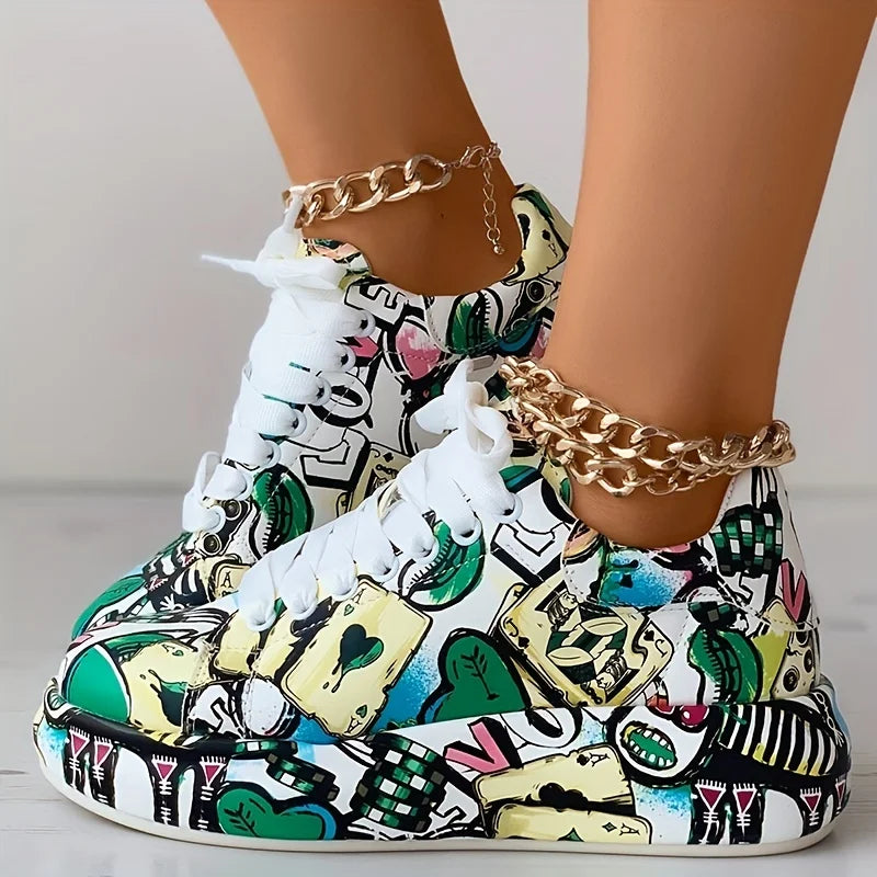 Women's Casual Lace-Up Graphic Print Sneakers