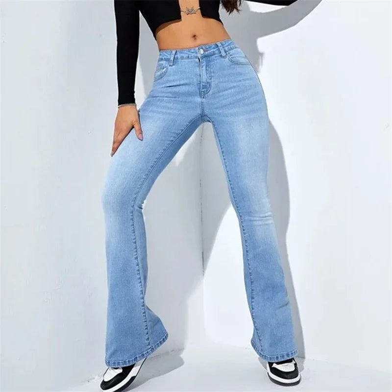 Fashion Women's Commuter Slim Fit Jeans Mid Waist Micro Flare Denim Pants Floor Length Washable Trousers Female Casual Streetwear