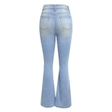 Women's Ripped Flare Jeans Mid Rise Wide Leg Bootcut Denim Pants Vintage Blue Streetwear Trousers