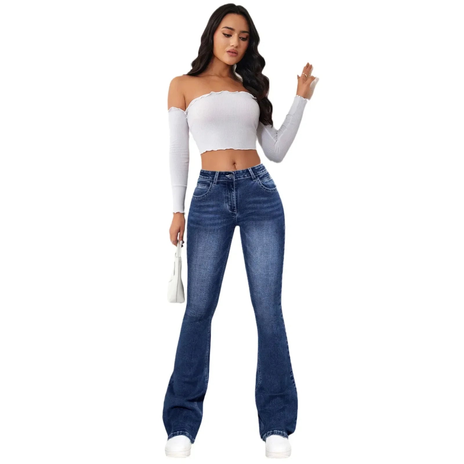 Women's Jeans Slim Fit Flared Pants Washable Denim Pockets High Waist Solid Ankle Length Boot Cut Streetwear Casual Zipper Fly