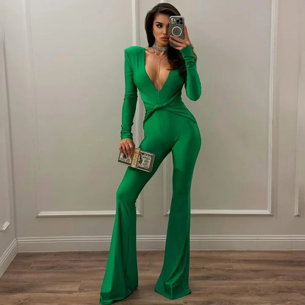 Jumpsuit casual con scollo profondo a V e gamba larga da donna - Abbigliamento Abiti ATREND