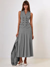 Set coordinato casual gilet doppiopetto e gonna lunga plissettata da donna