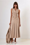 Set coordinato casual gilet doppiopetto e gonna lunga plissettata da donna
