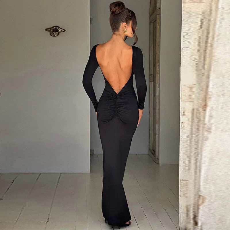 Abito lungo elegante scavato a maniche lunghe da donna - Abbigliamento Abiti ATREND