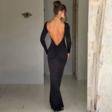 Abito lungo elegante scavato a maniche lunghe da donna - Abbigliamento Abiti ATREND