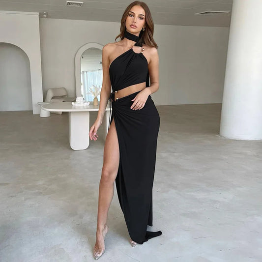 Abito lungo elegante asimmetrico con spacco laterale da donna - Abbigliamento Abiti ATREND