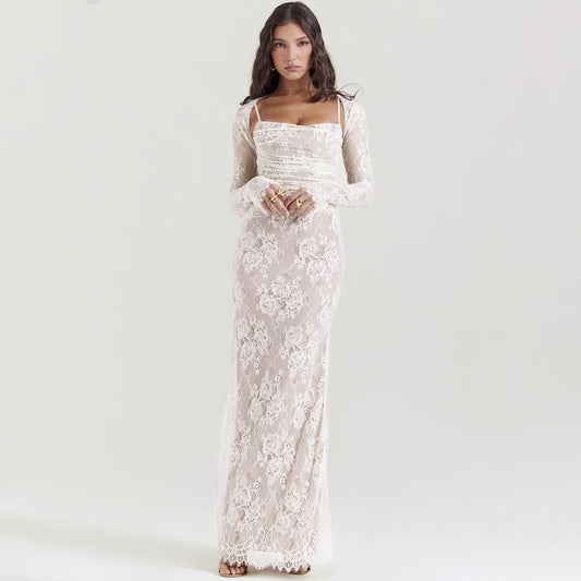 Abito lungo elegante in pizzo con copri spalle da donna - Abbigliamento Abiti ATREND
