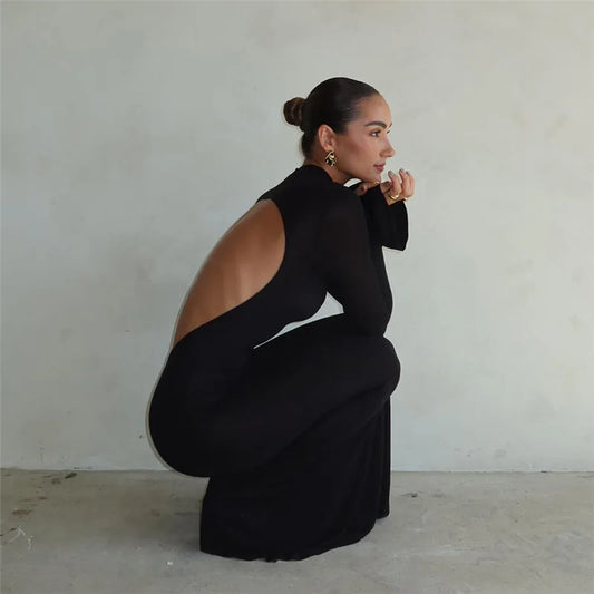 Abito lungo elegante scavato a maniche lunghe da donna - Abbigliamento Abiti ATREND