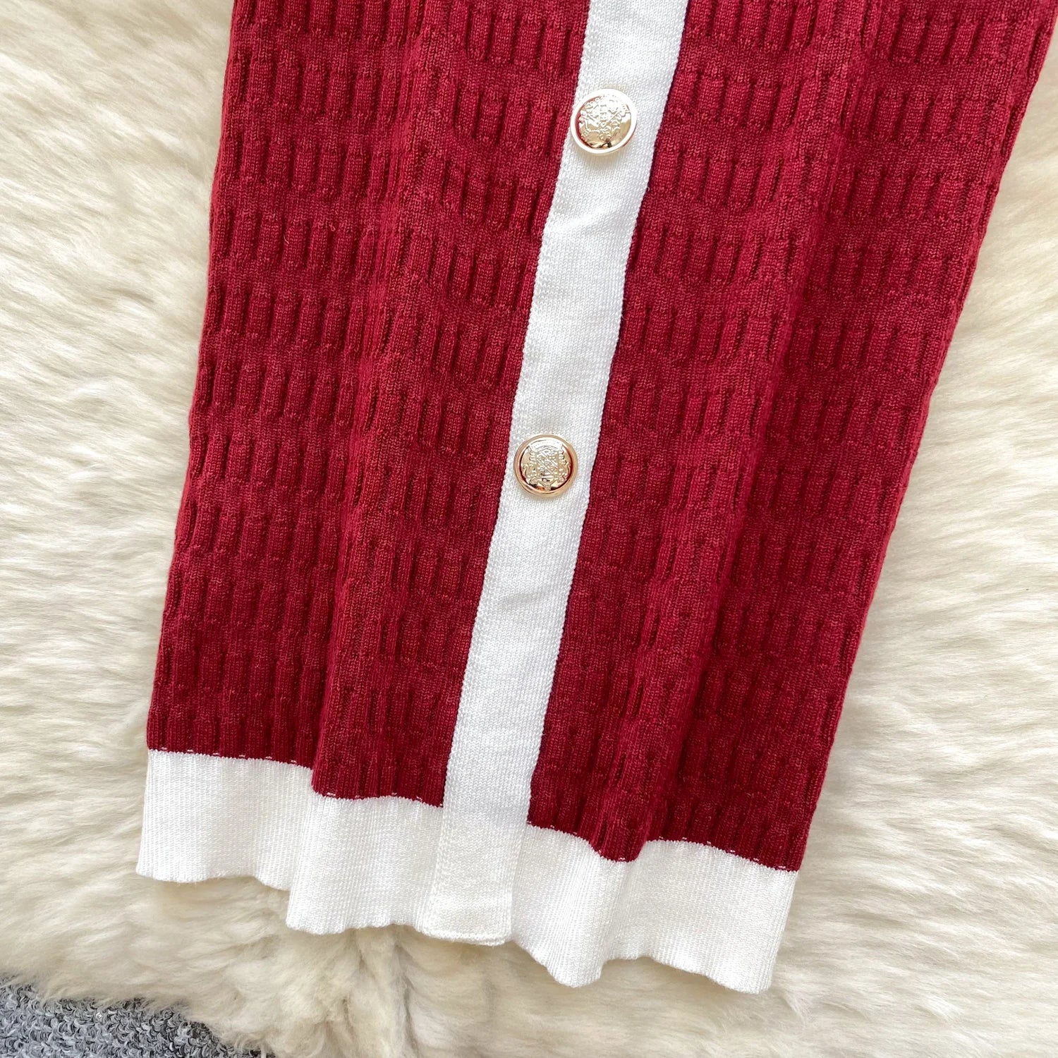 Women's Long Knitted Dress with Contrast Trim and Buttons