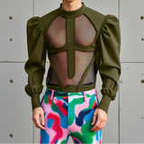 T-shirt patchwork con trasparenze in rete e maniche a sbuffo da uomo - T-shirt uomo ATREND